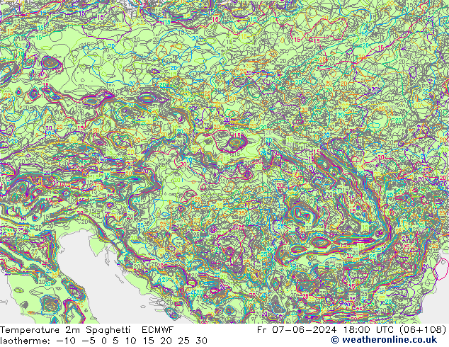 Temperature 2m Spaghetti ECMWF Pá 07.06.2024 18 UTC