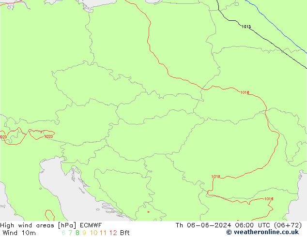 High wind areas ECMWF Čt 06.06.2024 06 UTC