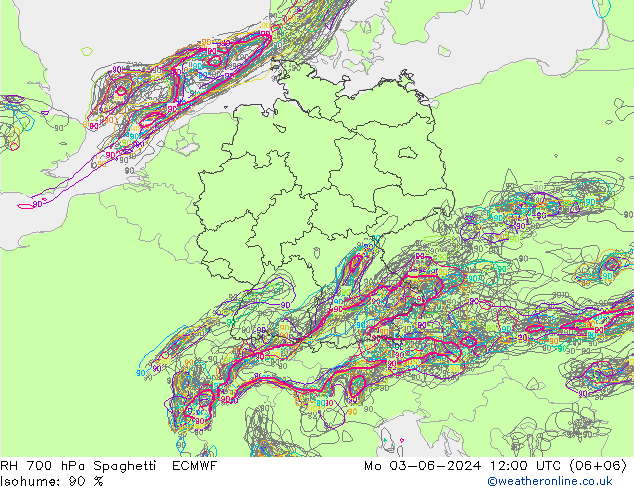 RH 700 hPa Spaghetti ECMWF Po 03.06.2024 12 UTC