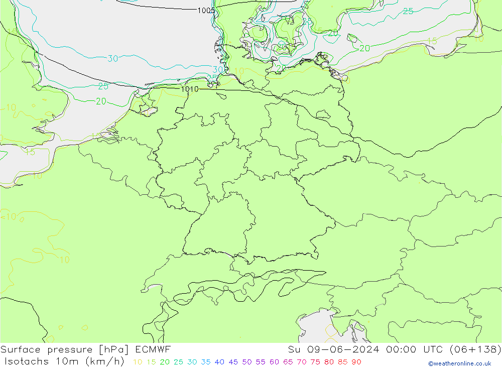 Izotacha (km/godz) ECMWF nie. 09.06.2024 00 UTC