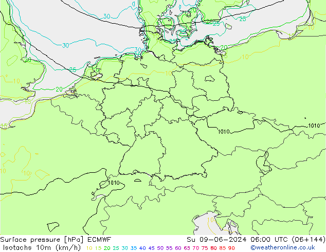 Isotachen (km/h) ECMWF zo 09.06.2024 06 UTC