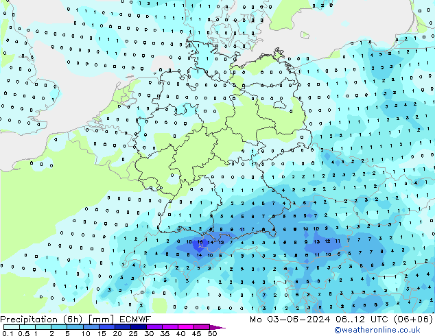 Totale neerslag (6h) ECMWF ma 03.06.2024 12 UTC