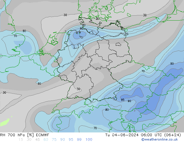 Humedad rel. 700hPa ECMWF mar 04.06.2024 06 UTC