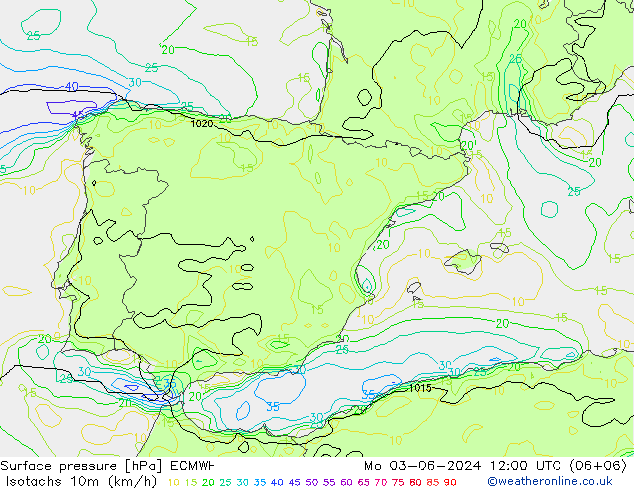 Isotachs (kph) ECMWF пн 03.06.2024 12 UTC