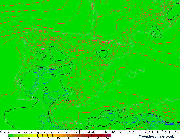 Surface pressure Spread ECMWF Mo 03.06.2024 18 UTC