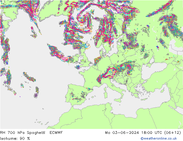 RH 700 hPa Spaghetti ECMWF Po 03.06.2024 18 UTC