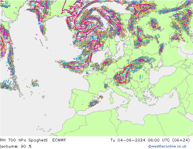 RH 700 hPa Spaghetti ECMWF Tu 04.06.2024 06 UTC