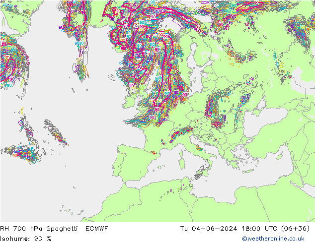 RH 700 hPa Spaghetti ECMWF Tu 04.06.2024 18 UTC