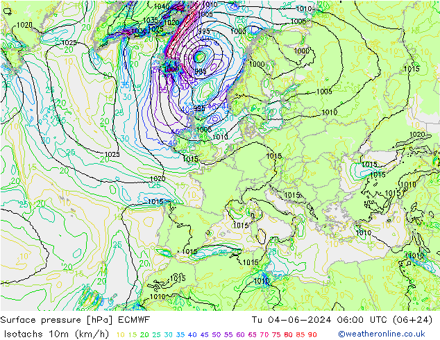 Isotachs (kph) ECMWF Tu 04.06.2024 06 UTC