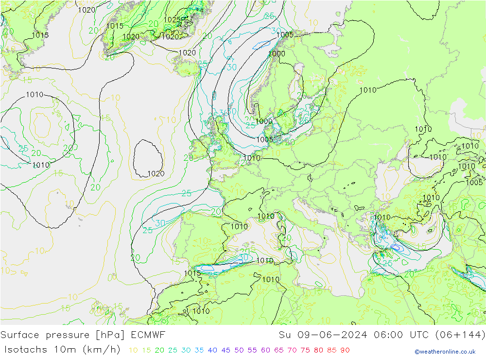 Isotachs (kph) ECMWF Dom 09.06.2024 06 UTC