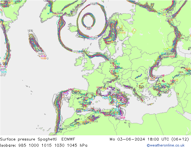 Pressione al suolo Spaghetti ECMWF lun 03.06.2024 18 UTC