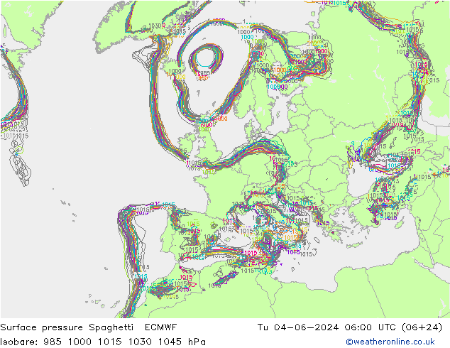 Surface pressure Spaghetti ECMWF Tu 04.06.2024 06 UTC