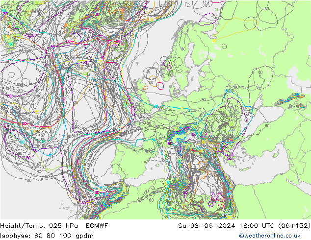 Height/Temp. 925 гПа ECMWF сб 08.06.2024 18 UTC