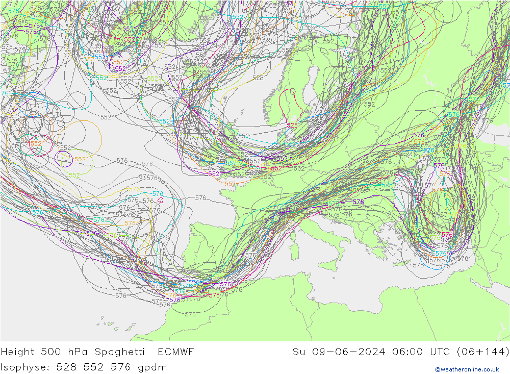 Height 500 гПа Spaghetti ECMWF Вс 09.06.2024 06 UTC