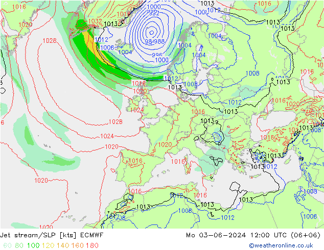 高速氣流/地面气压 ECMWF 星期一 03.06.2024 12 UTC