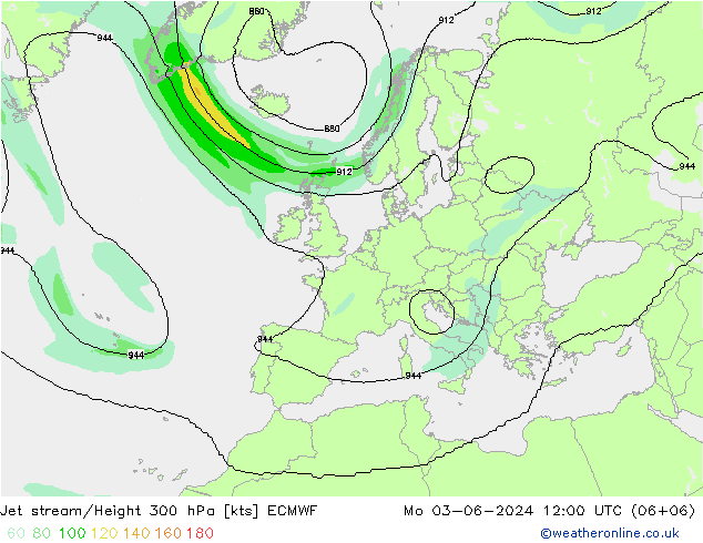 Jet stream/Height 300 hPa ECMWF Mo 03.06.2024 12 UTC