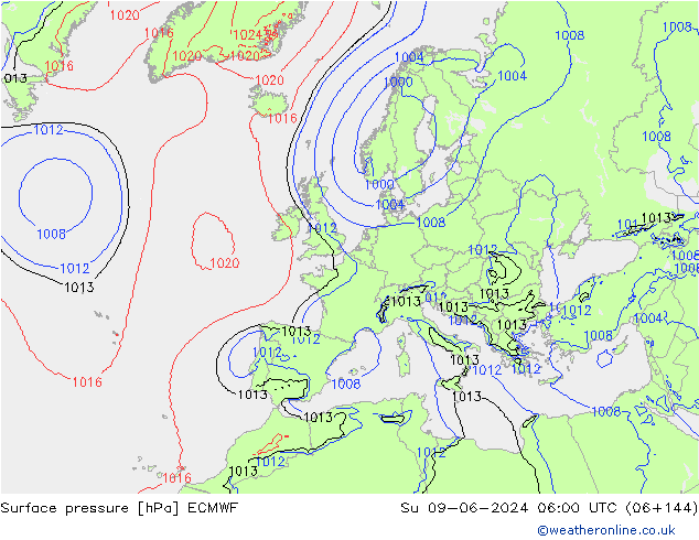 Atmosférický tlak ECMWF Ne 09.06.2024 06 UTC