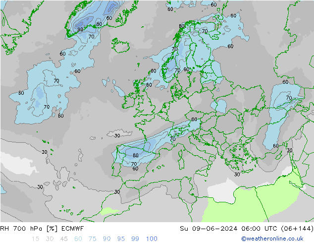 RH 700 hPa ECMWF Su 09.06.2024 06 UTC