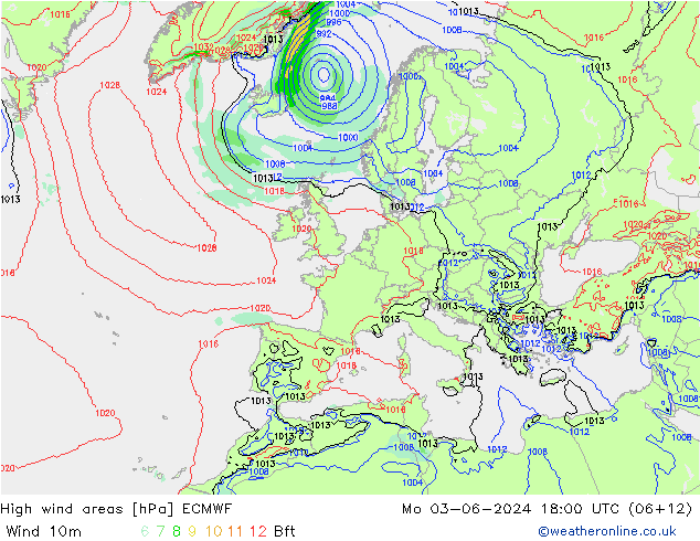 High wind areas ECMWF lun 03.06.2024 18 UTC