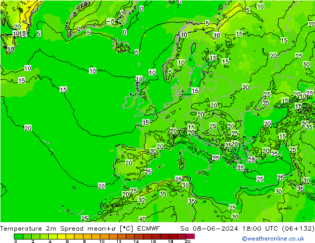 température 2m Spread ECMWF sam 08.06.2024 18 UTC