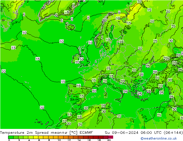 mapa temperatury 2m Spread ECMWF nie. 09.06.2024 06 UTC