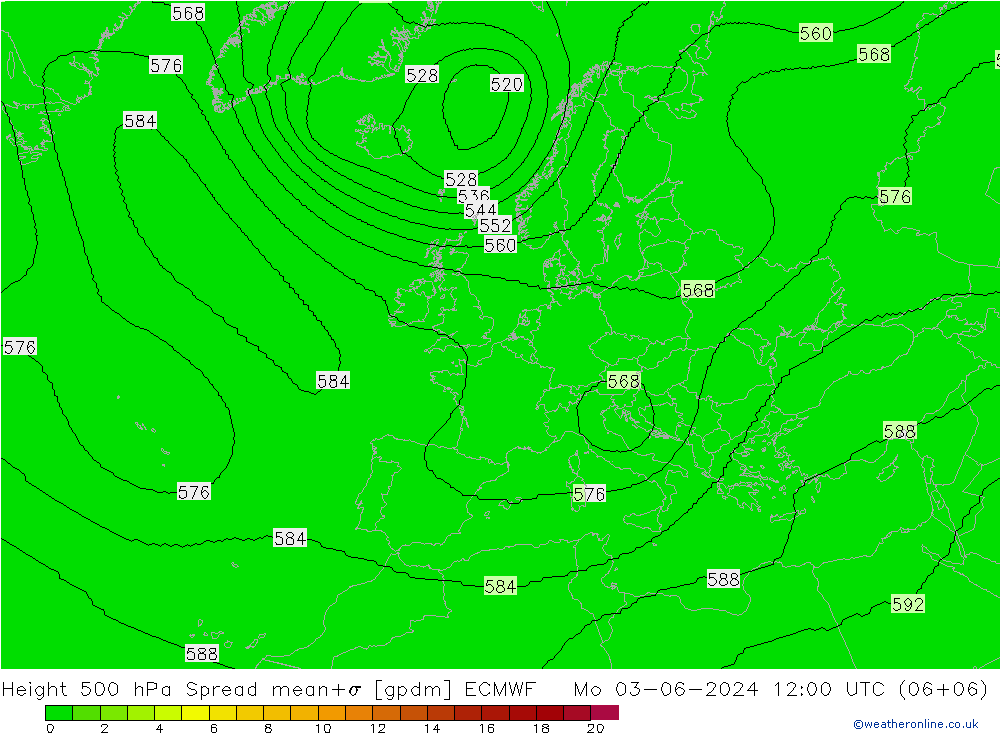 Height 500 hPa Spread ECMWF Mo 03.06.2024 12 UTC