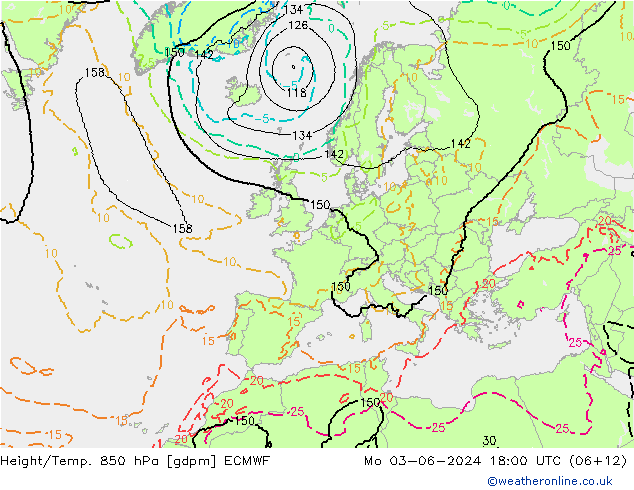 Height/Temp. 850 hPa ECMWF Mo 03.06.2024 18 UTC