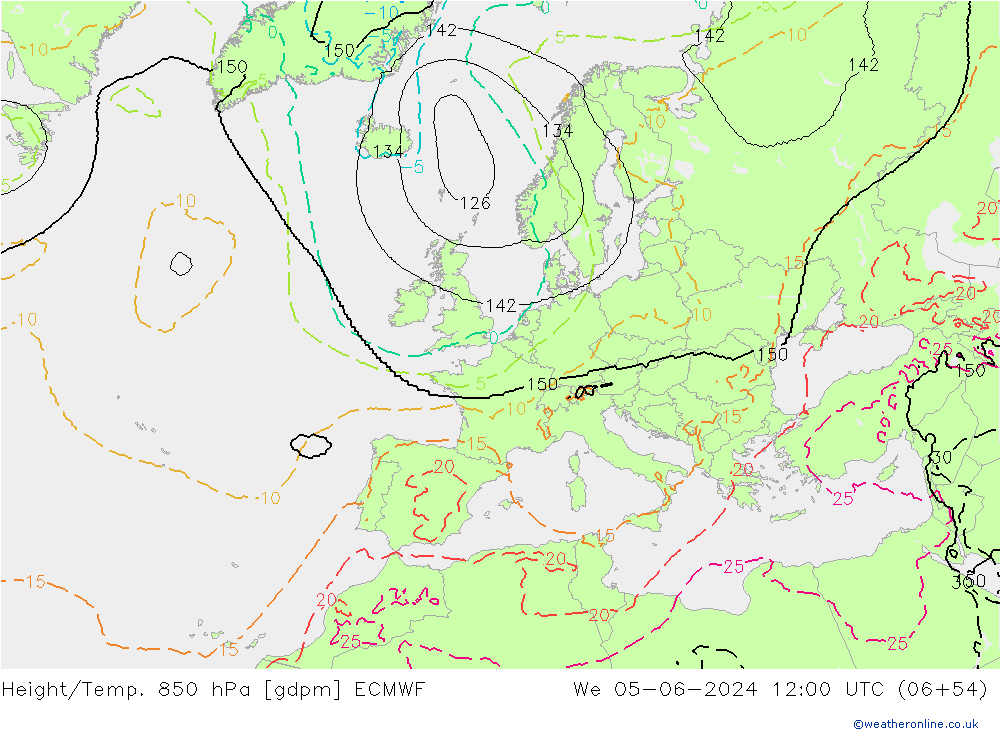 Height/Temp. 850 hPa ECMWF Mi 05.06.2024 12 UTC