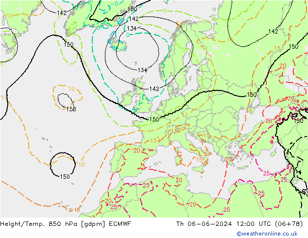 Height/Temp. 850 hPa ECMWF Th 06.06.2024 12 UTC