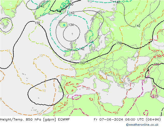 Geop./Temp. 850 hPa ECMWF vie 07.06.2024 06 UTC