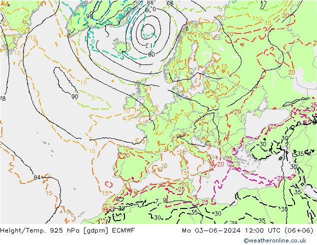 Height/Temp. 925 hPa ECMWF Mo 03.06.2024 12 UTC