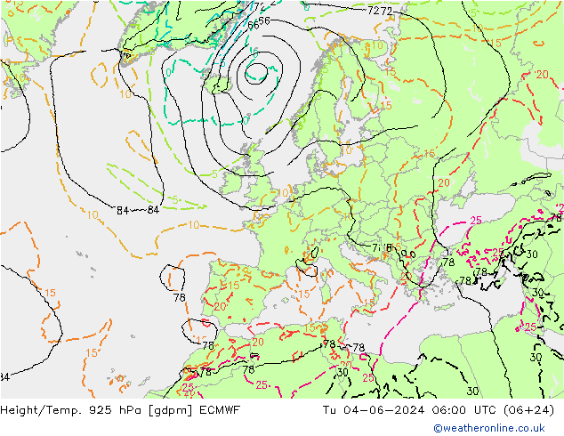 Hoogte/Temp. 925 hPa ECMWF di 04.06.2024 06 UTC