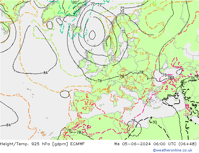 Géop./Temp. 925 hPa ECMWF mer 05.06.2024 06 UTC