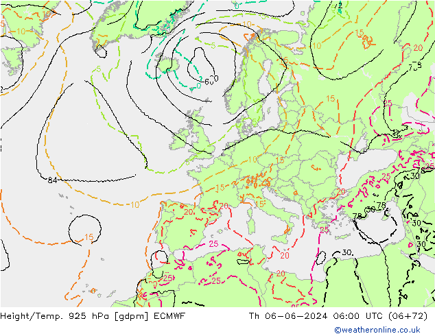 Height/Temp. 925 hPa ECMWF Čt 06.06.2024 06 UTC