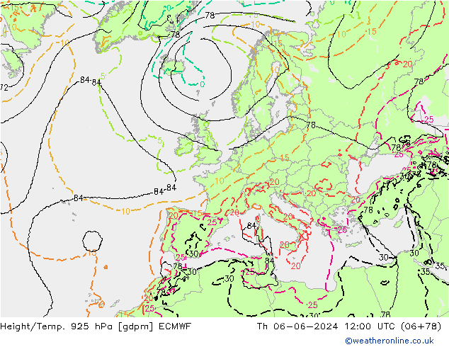 Height/Temp. 925 hPa ECMWF Th 06.06.2024 12 UTC