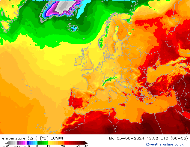 Temperature (2m) ECMWF Po 03.06.2024 12 UTC