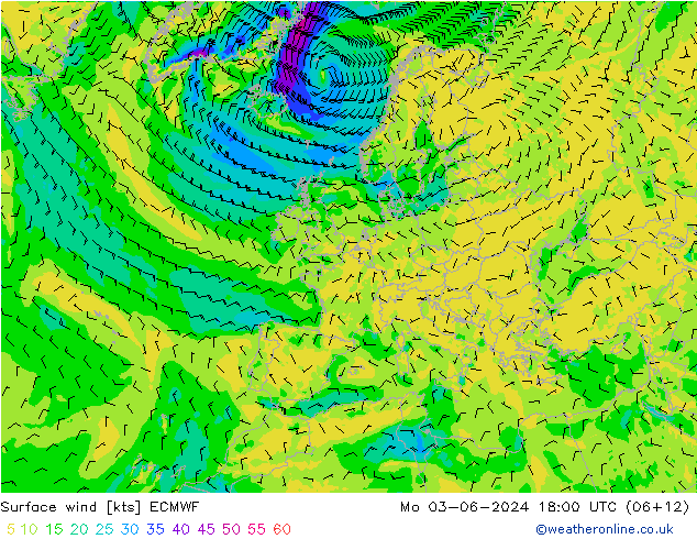 Surface wind ECMWF Po 03.06.2024 18 UTC