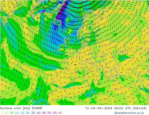 Surface wind ECMWF Tu 04.06.2024 06 UTC