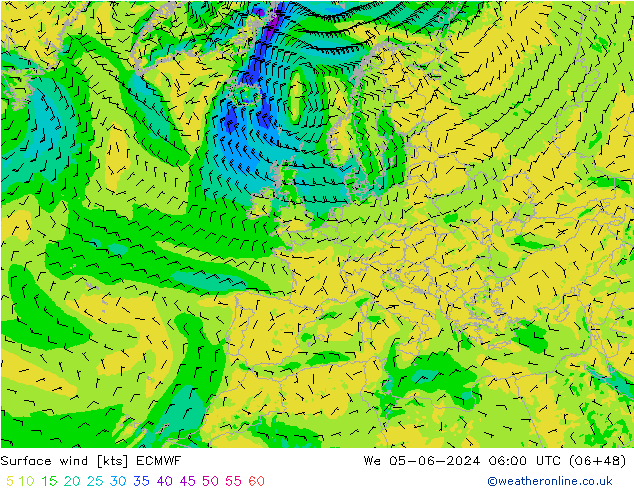 Vent 10 m ECMWF mer 05.06.2024 06 UTC