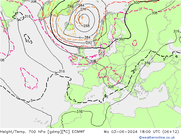 Height/Temp. 700 hPa ECMWF Mo 03.06.2024 18 UTC