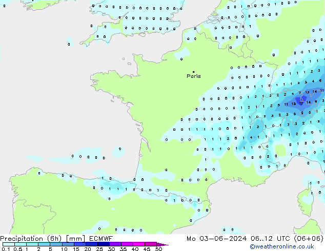 Precipitation (6h) ECMWF Mo 03.06.2024 12 UTC