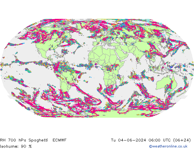 RH 700 hPa Spaghetti ECMWF Di 04.06.2024 06 UTC