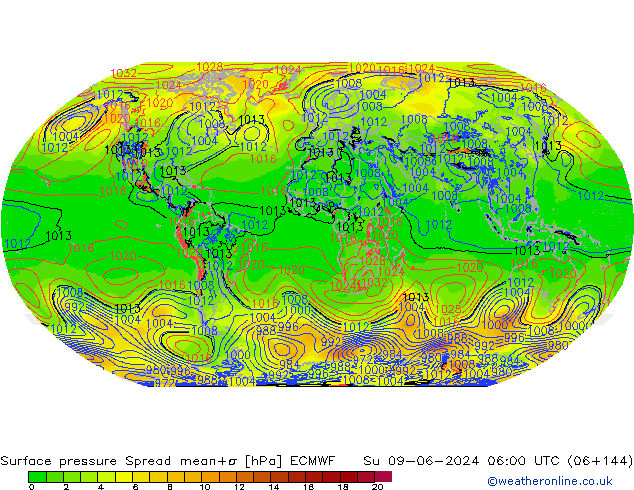 Presión superficial Spread ECMWF dom 09.06.2024 06 UTC