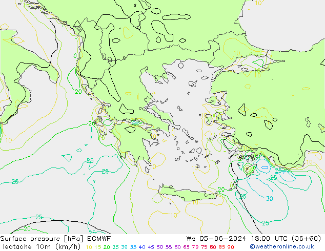 Isotachen (km/h) ECMWF Mi 05.06.2024 18 UTC