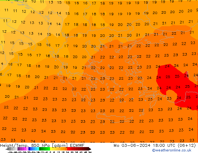 Geop./Temp. 850 hPa ECMWF lun 03.06.2024 18 UTC