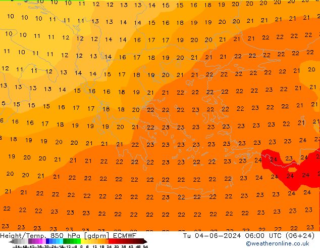 Height/Temp. 850 hPa ECMWF Di 04.06.2024 06 UTC