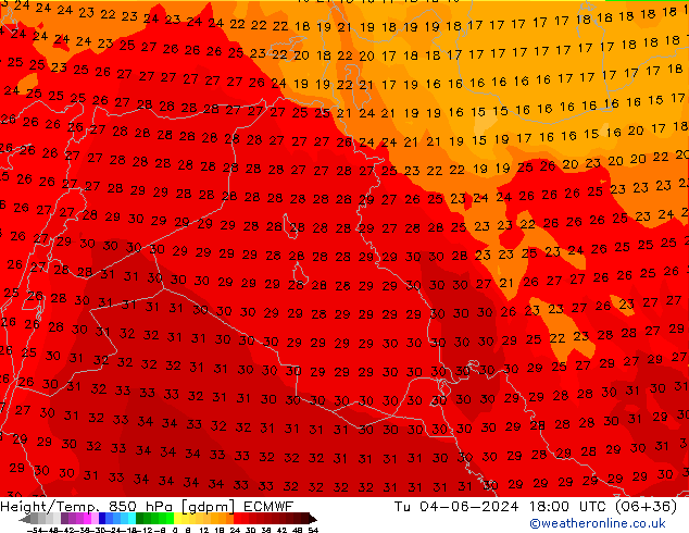 Height/Temp. 850 hPa ECMWF Tu 04.06.2024 18 UTC