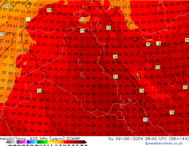 Height/Temp. 925 hPa ECMWF Su 09.06.2024 06 UTC