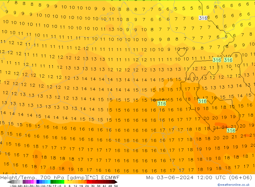 Height/Temp. 700 hPa ECMWF Po 03.06.2024 12 UTC