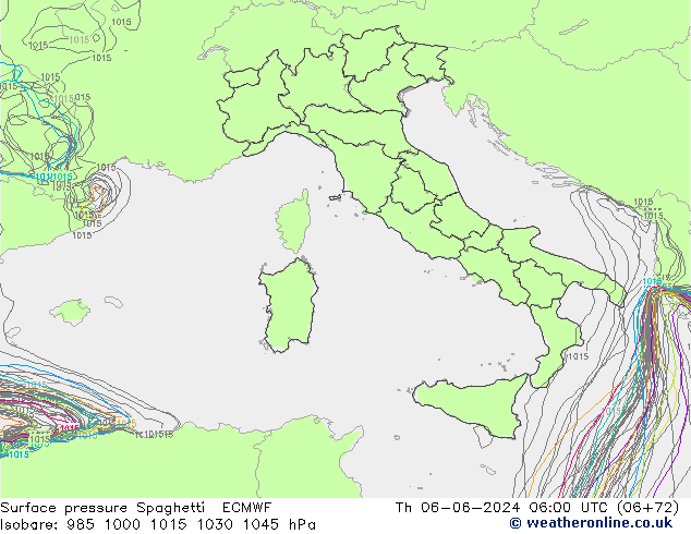 Pressione al suolo Spaghetti ECMWF gio 06.06.2024 06 UTC